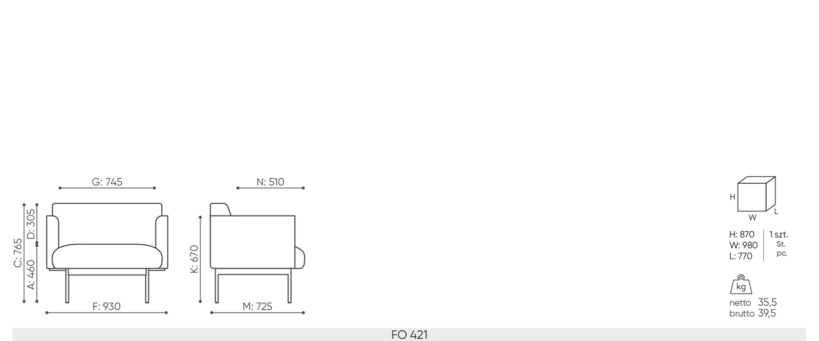 FO-421W — rysunek wymiarowy