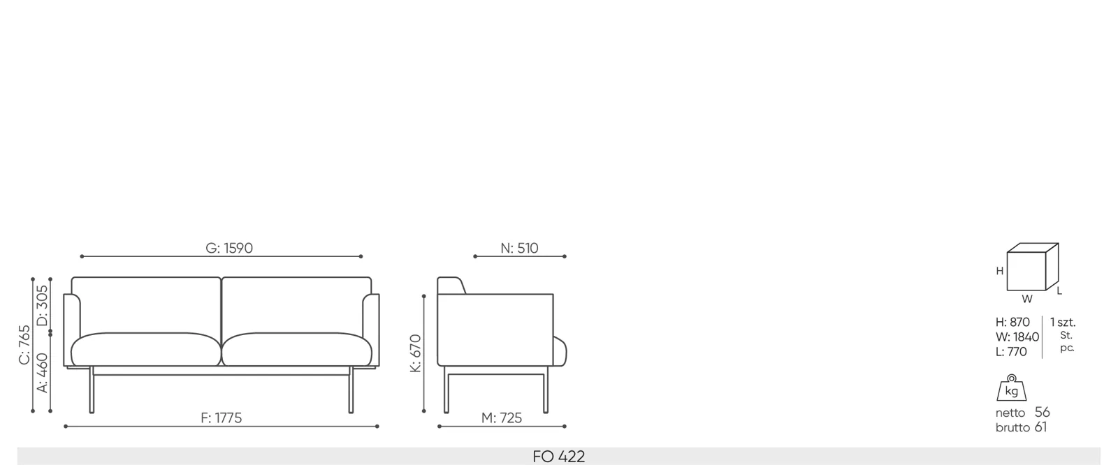 FO-422W — rysunek wymiarowy