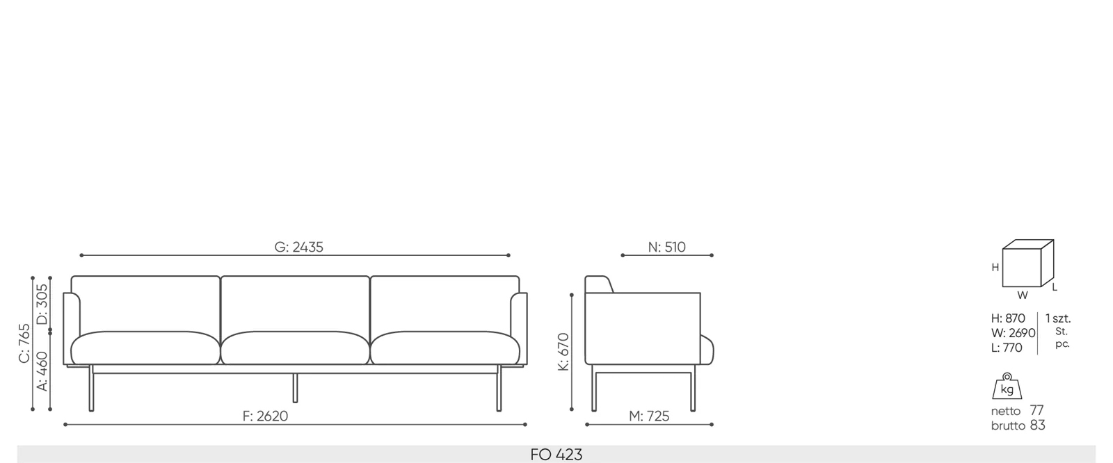 FO-423W — rysunek wymiarowy